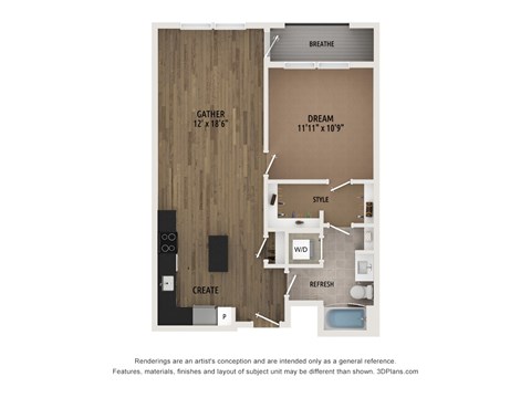 Floor plan for 1 bed, 1 bath, 715 sqft